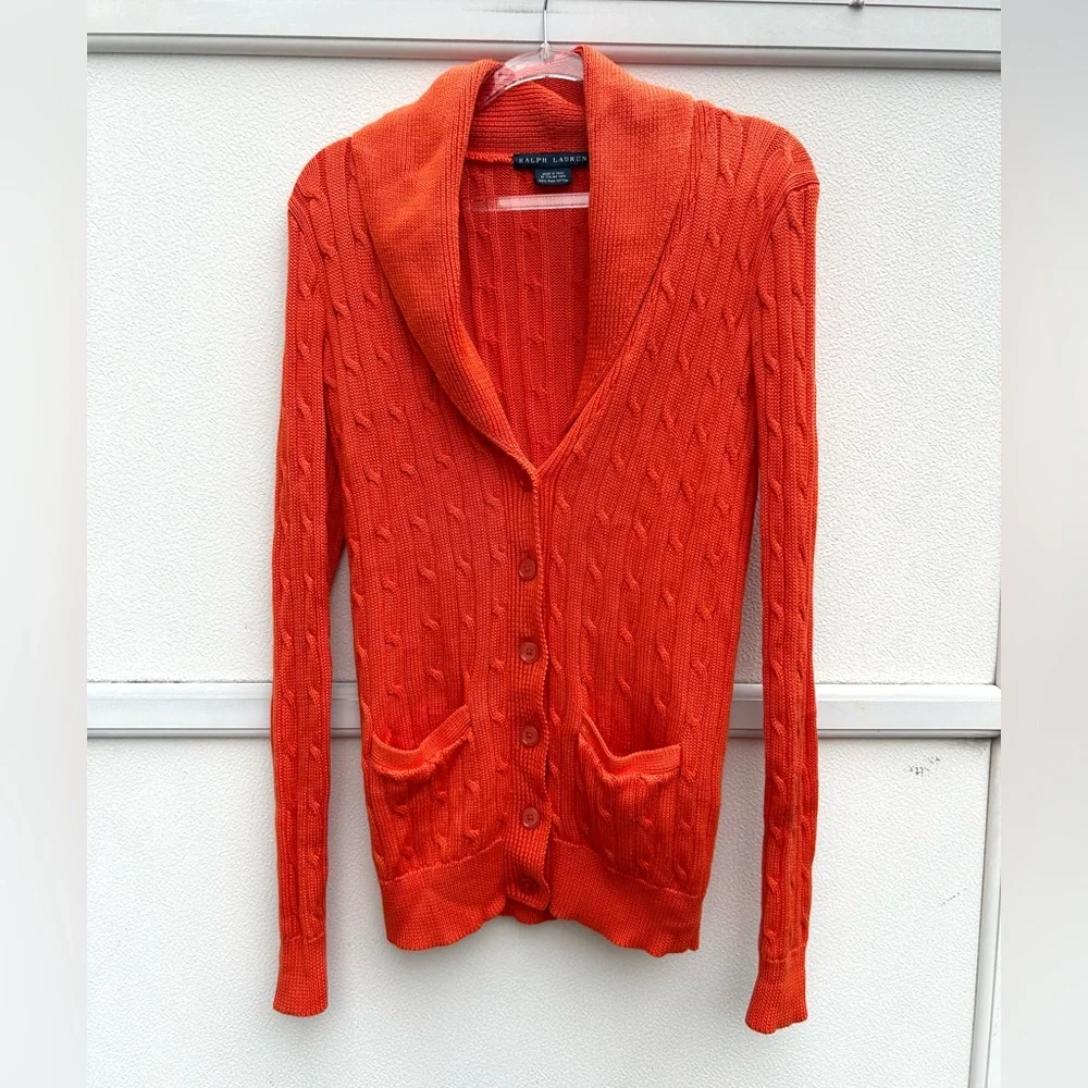 Ralph Lauren Cardigan Sweater Women M Orange Cable Knit 100% Pima Cotton Pockets - Picture 6 of 13